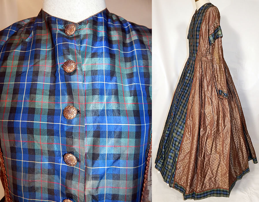 Victorian Civil War Era Silk Brocade Plaid Hoop Skirt Wrapper Gown Dress
This stylish unique two tone wrapper dress has a long floor length full hoop skirt (hoop not included underneath), with a smocking gathered inner drawstring waist, long layered tiered sleeves, brown silk mesh net covered button closures all the way down the front, side skirt pockets with a bundle of extra dress fabric wrapped inside and is fully lined. 