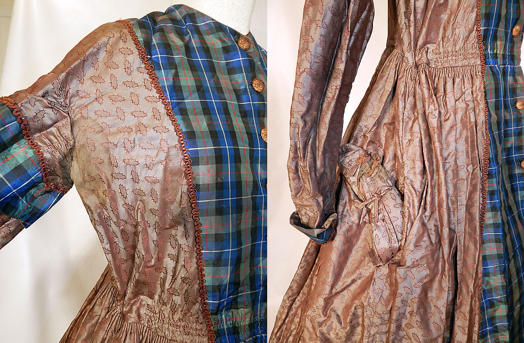 Victorian Civil War Era Silk Brocade Plaid Hoop Skirt Wrapper Gown Dress
The dress measures 54 inches long, with a 32 inch waist, 36 inch bust and 20 inch sleeve. 