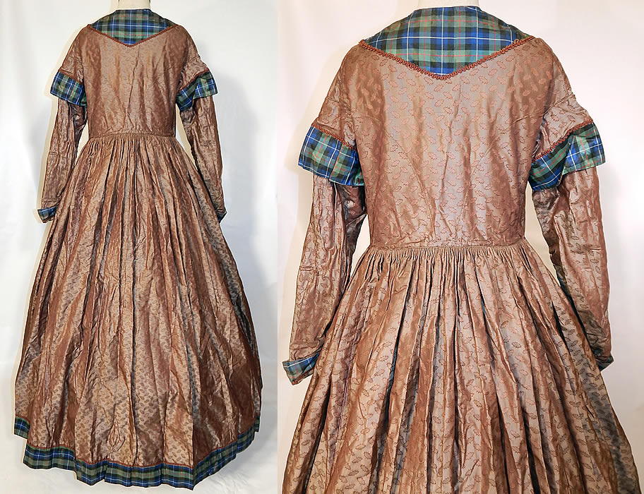 Victorian Civil War Era Silk Brocade Plaid Hoop Skirt Wrapper Gown Dress
It is in good condition, with only some slight discoloration along the sleeves and under the arms which have a few tiny frayed splits in the silk fabric (see close-up). This is truly a wonderful piece of antique Victoriana textile art! 