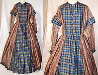 Victorian Civil War Era Silk Brocade Plaid Hoop Skirt Wrapper Gown Dress
