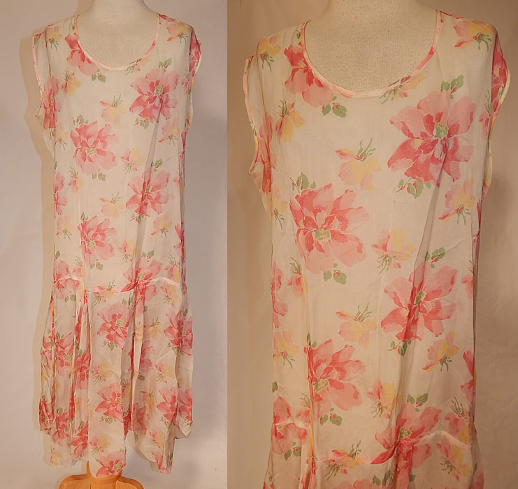 Vintage Pink Poppy Print Flower Silk Drop Waist Dress Handkerchief Hemline Skirt
This vintage pink poppy print flower silk drop waist dress handkerchief hemline skirt dates from the 1920s. It is made of a white background with a pastel pink poppy flower print on a sheer silk fabric. 