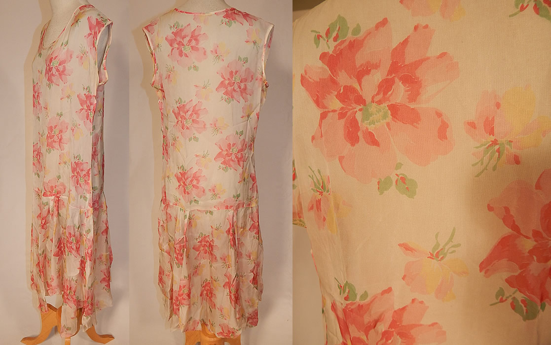 Vintage Pink Poppy Print Flower Silk Drop Waist Dress Handkerchief Hemline Skirt
This fabulous floral flapper dress is loose fitting, with a drop waist, sleeveless top, an uneven handkerchief hemline skirt and is sheer, unlined. The dress measures 41 inches long, with a 38 inch waist and 36 inch bust. It is in excellent condition. This is a wonderful piece of wearable art!
