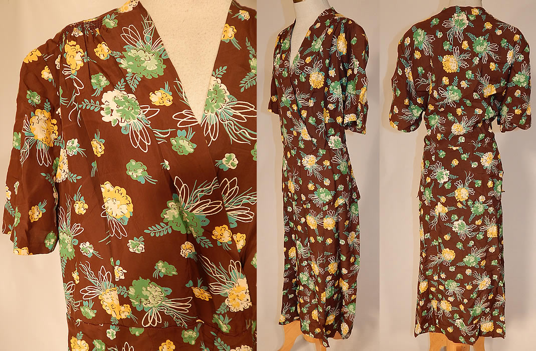 Vintage Brown Green Yellow Flower Bouquet Novelty Print Rayon Peplum Dress
The dress is a large size measuring 45 inches long, with 46 inch hips, a 36 inch waist and 42 inch bust. It is in good condition, with only a small open seam on the side waist. This is truly a wonderful piece of wearable art!