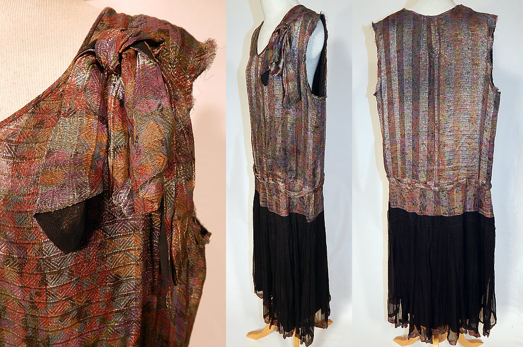 Vintage Art Deco Silver Lam&eacute; Lame Black Silk Chiffon Pleated Skirt Drop Waist Dress
This fabulous flapper dress has a drop waist, short skirt, sleeveless, with lam&eacute; knotted bow, skirt edging trim accents and is fully lined.