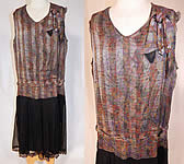 Vintage Art Deco Silver Lam&eacute; Lame Black Silk Chiffon Pleated Skirt Drop Waist Dress

