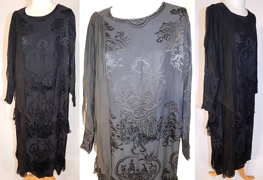 Vintage Black Silk Damask Oriental Chinese Figural Fringed Flapper Dress
This vintage black silk damask Oriental Chinese figural fringed flapper dress dates from the 1920s. It is made of a black silk damask Oriental Chinese figural weave pattern brocade fabric, with silk fringe trim accents and a sheer silk chiffon pleated side panel. 