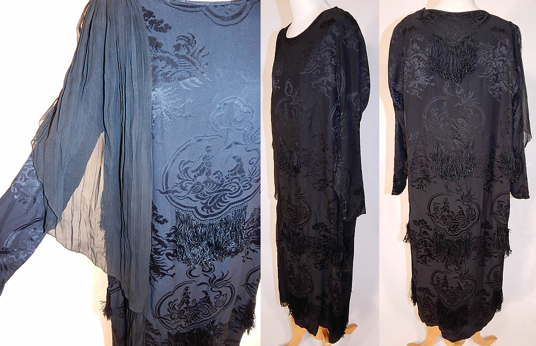 Vintage Black Silk Damask Oriental Chinese Figural Fringed Flapper Dress
This fabulous flapper dress has a loose fitting drop waist style, with long tapered sleeves, fitted cuff snap closures, a layered draping sheer side panel, shoulder snaps and is unlined. 