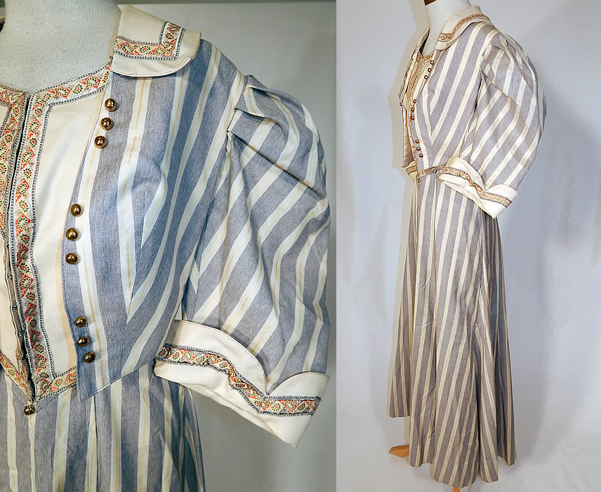 Edwardian Gray & White Striped Paisley Trim Summer Walking Suit Jacket Skirt
This stunning striped two piece light weight summer walking suit includes a short bolero bodice jacket top, with open front, an inner dickey style front insert hook closures, fold over collar, gathered pleated shoulders, short puffy sleeves with rolled cuffs and is fully lined. 