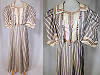 Edwardian Gray & White Striped Paisley Trim Summer Walking Suit Jacket Skirt
