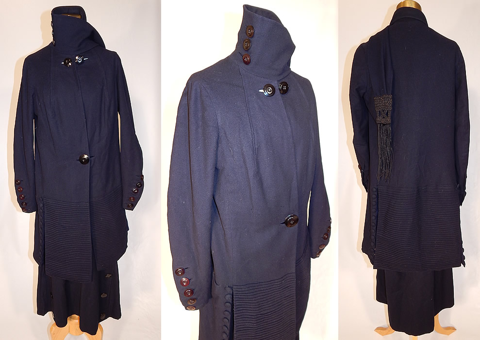 Edwardian George R Taylor Co. Blue Wool Winter Walking Suit Jacket Coat & Skirt
This antique Edwardian era George R Taylor Co. blue wool winter walking suit jacket coat and skirt dates from 1915. It is made of a dark navy blue soft wool fabric, with pleating and button trim details. 