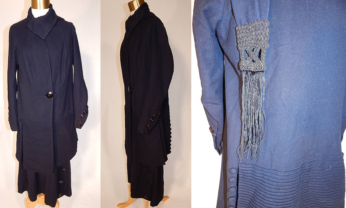Edwardian George R Taylor Co. Blue Wool Winter Walking Suit Jacket Coat & Skirt
This beautiful blue two piece winter walking suit includes a long knee length coat jacket, with high neck collar which can be worn up or folded down, black silk macram&eacute; fringe trim end neck scarf, long sleeves with button cuffs, pockets, a pleated bottom with button trim, front closures and is fully lined. 