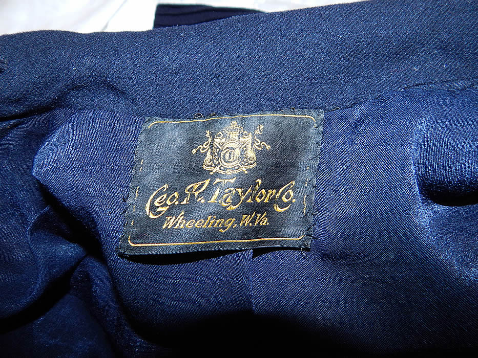 Edwardian George R Taylor Co. Blue Wool Winter Walking Suit Jacket Coat & Skirt
There is a "Geo. R. Taylor Co. Wheeling, W.VA." label sewn inside. It is a large wearable size. The coat measures 36 inches long, with a 32 inch waist, 40 inch bust and 23 inch long sleeves. There is a matching fabric long tea length full skirt, with button trim accents, side snap closures and is unlined. The skirt measures 32 inches long, with 44 inch hips and a 30 inch waist. It is in excellent condition. This is truly a wonderful piece of wearable antique textile art!
