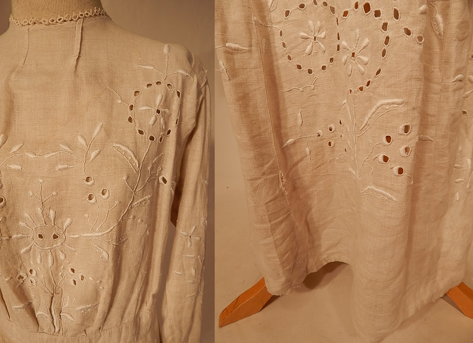 Edwardian Creamy Off White Linen Eyelet Embroidered Cutwork Garden Party Dress
It is in good condition, but has not been cleaned, with only a faint water spot stain on the front top, a dirt smudge on the side waist and a small open seam on the bottom front skirt (see close-up). This is truly a wonderful piece of wearable art!