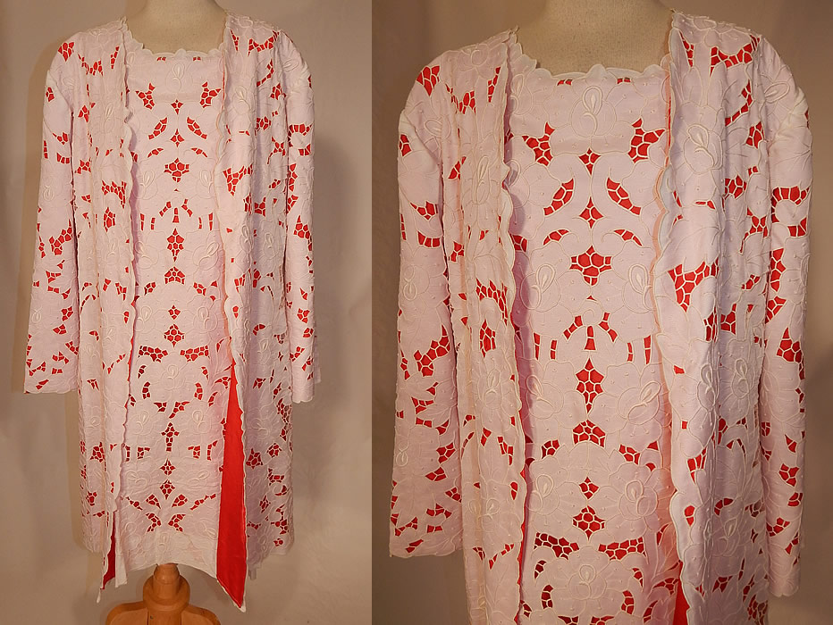 Vintage Casa Regional Portugal Madeira Hand Embroidery Lace Shift Dress & Coat
This vintage Casa Regional Portugal Madeira hand embroidery lace shift dress and coat dates from the 1960s. It is made of a white cotton silk blend fabric with hand embroidery eyelet cutwork floral pattern Madeira work from Portugal. 