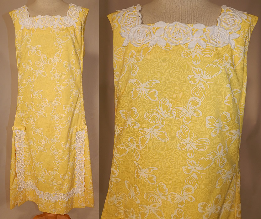 Vintage The Lilly Pulitzer Yellow & White Butterfly Novelty Print Lace Trim Shift Dress
This vintage Lilly Pulitzer yellow and white butterfly novelty print lace trim shift dress dates from the 1960s. It is made of a bright yellow and white cotton fabric with a butterfly print and white lace flower pattern appliqu&eacute; trim. 