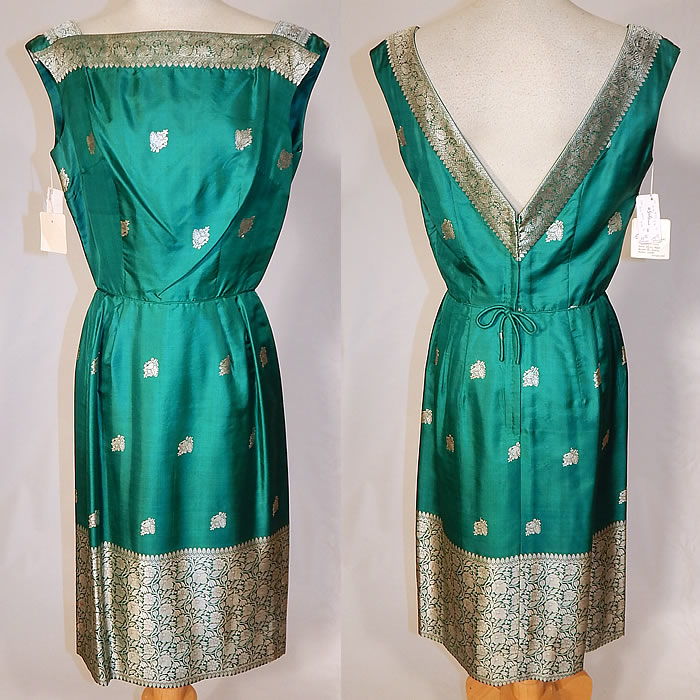 Vintage Elizabeth Bryne Seibu Hong Kong Green Silk Sari India Cocktail Dress NWT
This vintage Elizabeth Bryne Seibu Hong Kong green silk sari India cocktail dress dates from the 1960s. It is made of an emerald green pure silk, hand woven in India sari fabric, with a silver lam&eacute; woven design pattern. 
