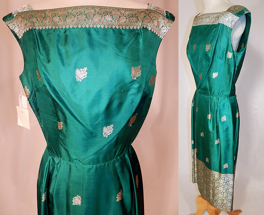 Vintage Elizabeth Bryne Seibu Hong Kong Green Silk Sari India Cocktail Dress NWT
This gorgeous green cocktail party dress has a form fitting sheath style, high neck squared front neckline, plunging V back with bow trim on the fitted waist, sleeveless, a mid length pencil skirt, fully lined in rayon and has a back zipper closure.