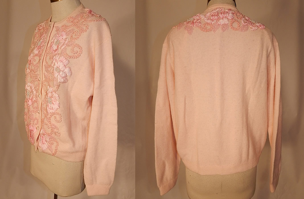 Vintage Oriental Galleries Hong Kong Pink Ribbon Work Beaded Sweater
The sweater measures 21 inches long, with a 32 inch waist, 42 inch bust and 21 inch long sleeves.
