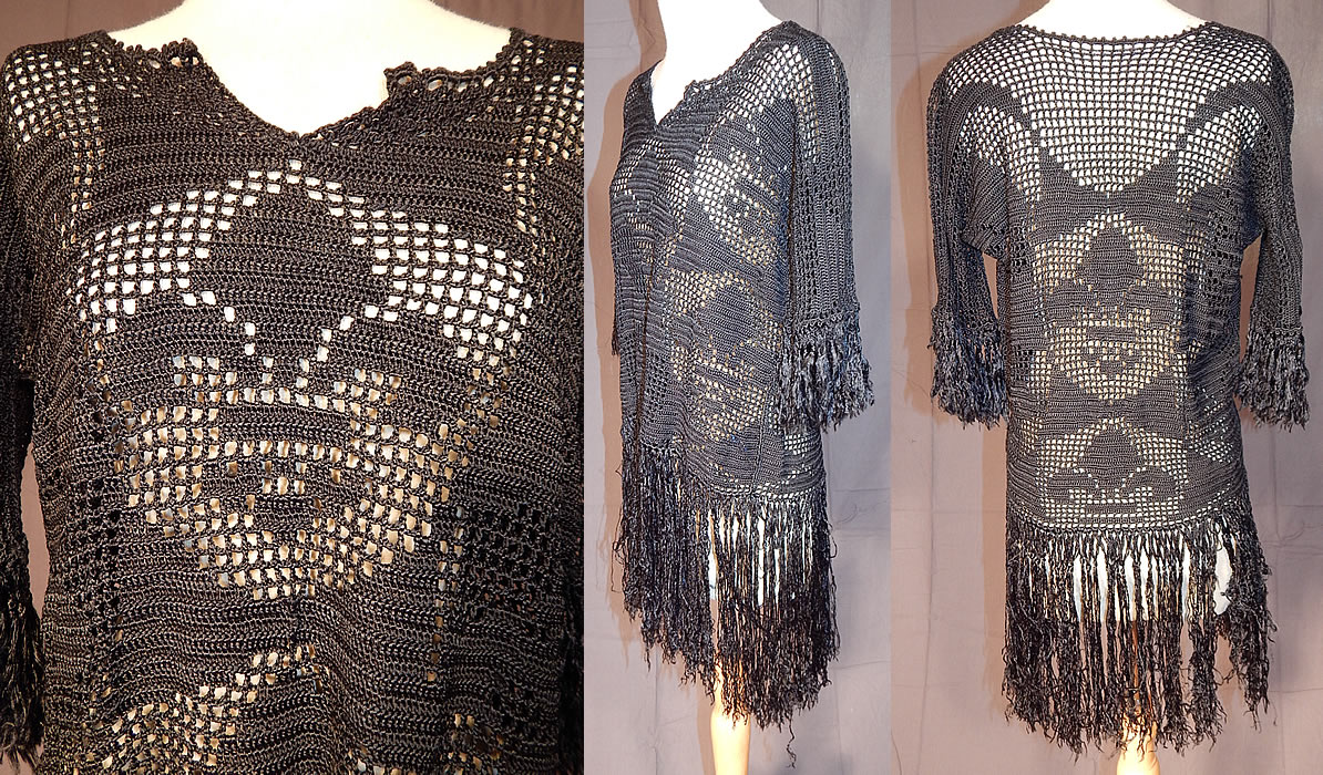 Vintage Black Macrame Crochet Fringe Fleur de lis Flapper Babydoll Dress Blouse Top
The top measures 19 inches long, with and additional 12 inch long fringe bottom, a 36 inch bust and 34 inch waist. It is in excellent condition. This is truly a wonderful piece of wearable boho textile art!
