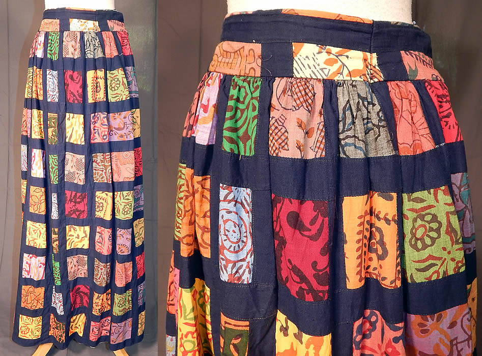 Vintage Something Oscar de la Renta Patchwork Batik Boho Maxi Skirt
This vintage Something Oscar de la Renta patchwork batik boho maxi skirt dates from the 1970s. It is made of a navy blue cotton fabric, with colorful batik fabric squares done in a patchwork effect. 