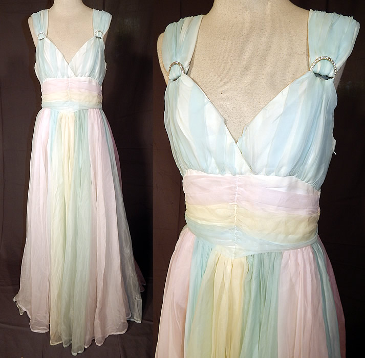 Vintage Pastel Rainbow Chiffon Ballroom Dance Dress Grecian Goddess Gown
This vintage pastel rainbow chiffon ballroom dance dress Grecian goddess gown dates from the 1950s. It is made of a pastel rainbow of colors sheer chiffon fabric.