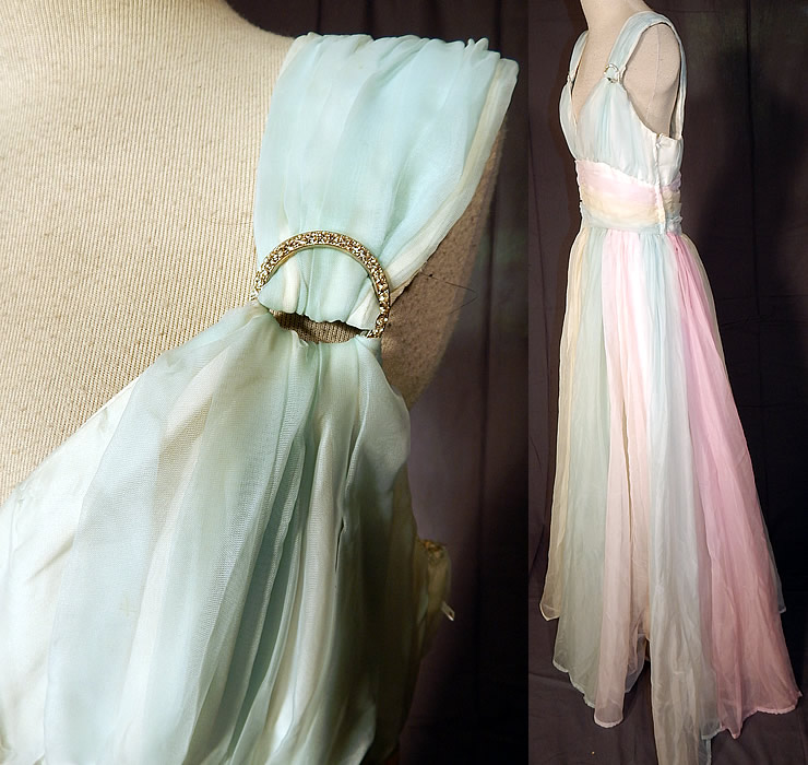 Vintage Pastel Rainbow Chiffon Ballroom Dance Dress Grecian Goddess Gown
This gorgeous Grecian goddess gown ballroom dance dress is a long floor length, with a rhinestone buckle trim shoulder straps, a pleated front top with plunging V neckline, backless, with a pleated wide fitted waistband, full skirt with scarf panels, side zipper closure and is fully lined.