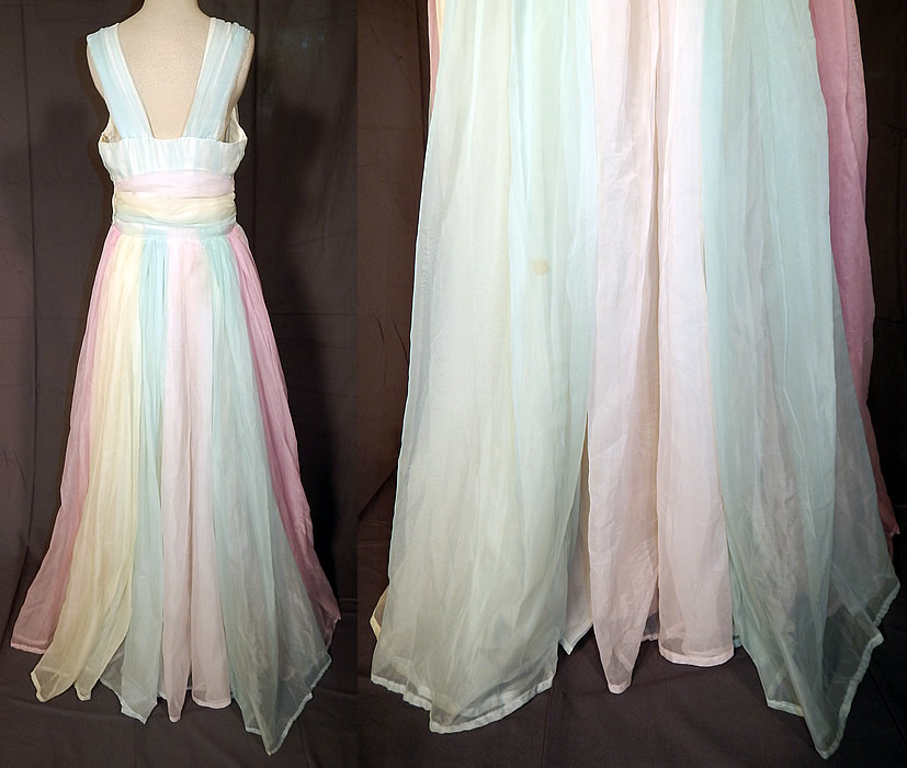 Vintage Pastel Rainbow Chiffon Ballroom Dance Dress Grecian Goddess Gown
The dress measures 59 inches long, with a 26 inch waist and 34 inch bust. It is in good condition, with only a few faint small stains near the bottom skirt. This is truly a wonderful piece of wearable art!