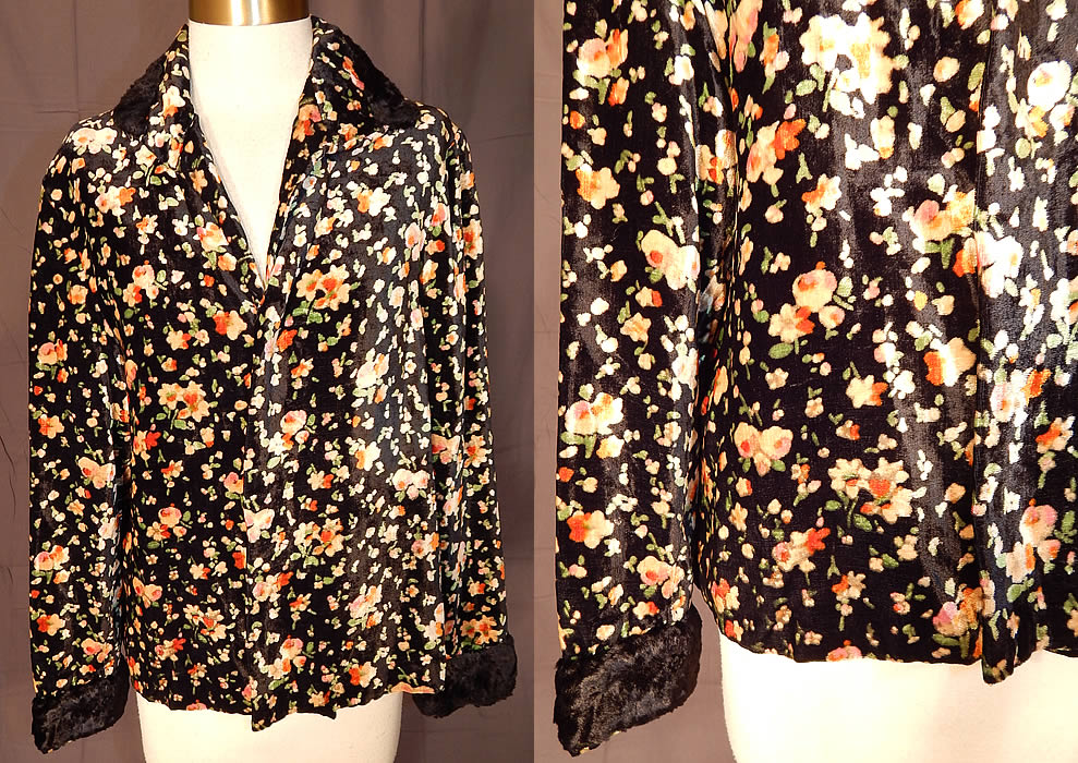 Vintage Art Deco Black Silk Velvet Pink Roses Floral Print Flapper Coat Jacket
This vintage black silk velvet pink roses floral print flapper coat jacket dates from the 1920s. It is made of a black silk velvet fabric with a pink pastel roses floral print pattern design. 