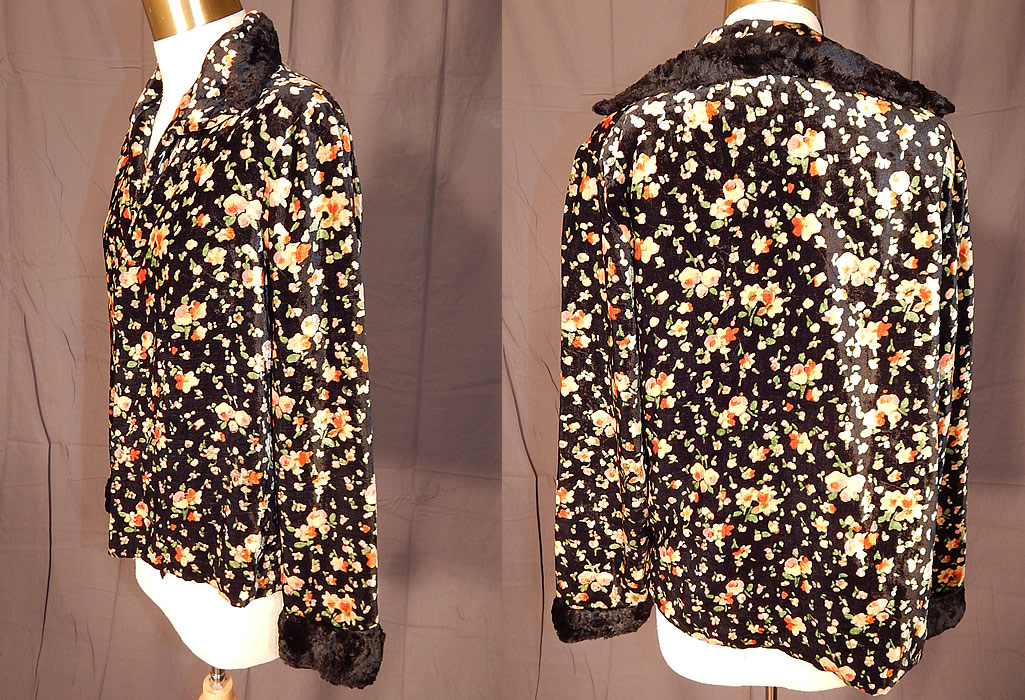 Vintage Art Deco Black Silk Velvet Pink Roses Floral Print Flapper Coat Jacket
This pretty printed velvet evening jacket is loose fitting, with a boxy, short waist length, a fold over collar with black faux fur trim collar, cuffs, long full sleeves, an open front with no closure and is fully lined. 