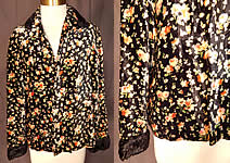 Vintage Art Deco Black Silk Velvet Pink Roses Floral Print Flapper Coat Jacket
