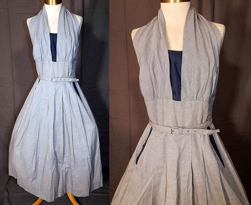 Vintage Jonathan Logan Navy Blue Houndstooth Cotton Circle Skirt Halter Dress
This vintage Jonathan Logan navy blue houndstooth cotton circle skirt halter dress dates from the 1950s.