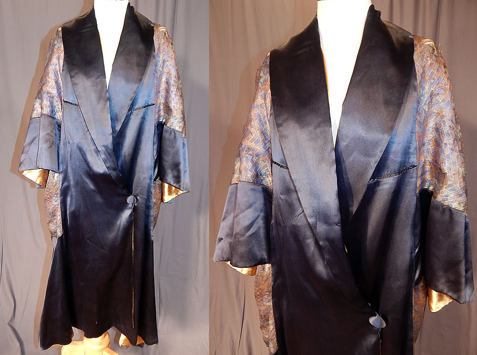 Vintage Art Deco Navy Blue Silk Gold Lam&eacute; Lame Flapper Opera Coat Cape Cloak
This vintage Art Deco navy blue silk gold lam&eacute; flapper opera coat cape cloak dates from the 1920s. It is made of a blue and gold metallic lam&eacute; thread woven fabric in an abstract geometric square cube pattern design. There is a dark navy blue silk satin fabric border edging, skirt and collar trim.