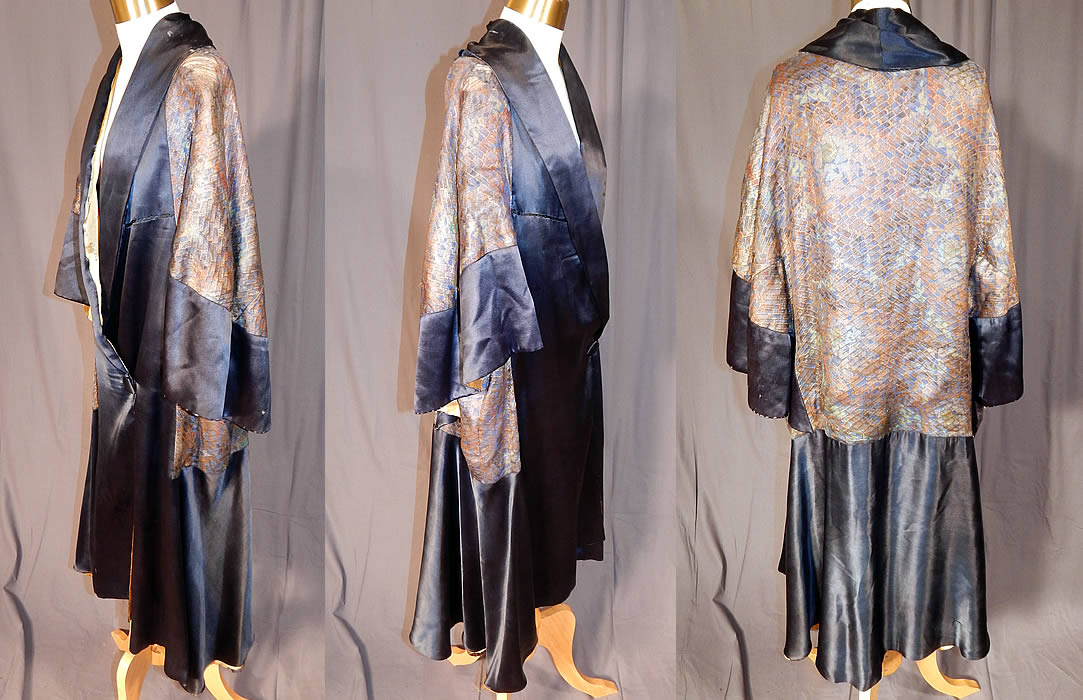 Vintage Art Deco Navy Blue Silk Gold Lam&eacute; Lame Flapper Opera Coat Cape Cloak
This fabulous flapper opera coat has a cape cloak style, with attached capelet creating dolman sleeves, a fold over lapel collar, drop waist, button front waist closure, flared skirted bottom and is fully lined in a golden yellow silk fabric which is frayed inside. The coat measures 41 inches long, with a 44 inch bust and 44 inch waist. 