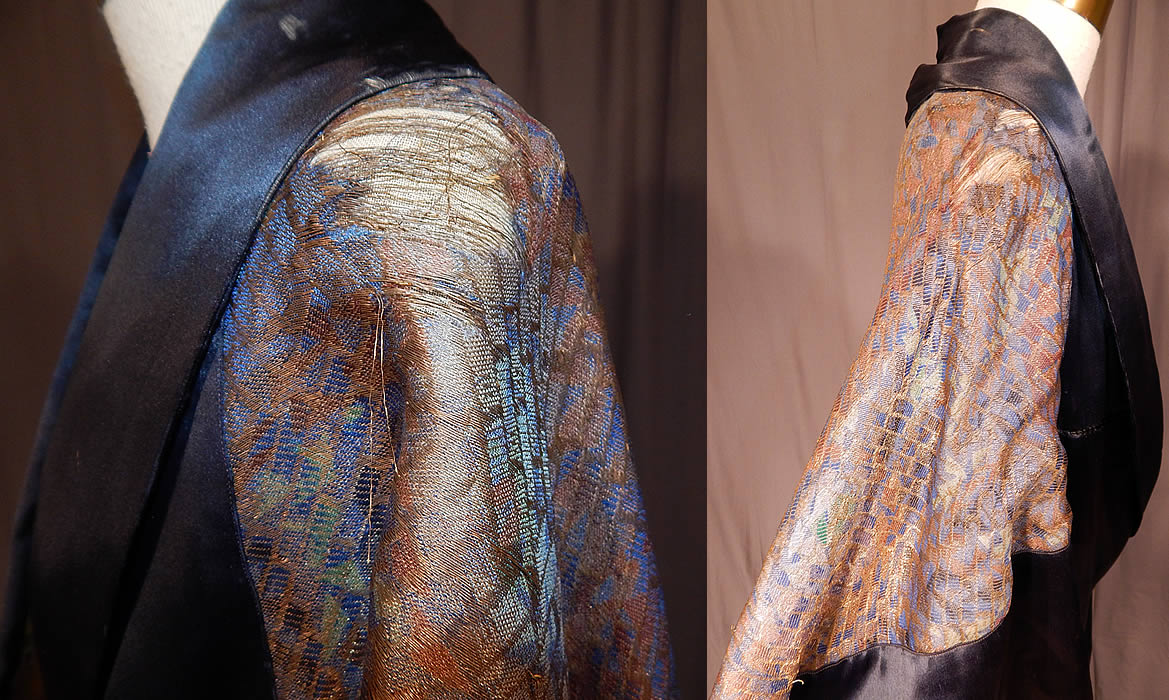 Vintage Art Deco Navy Blue Silk Gold Lam&eacute; Lame Flapper Opera Coat Cape Cloak
It is in as-is fair condition, with fraying along the shoulders and some tiny frayed pulls on the silk trim and collar (see close-ups). This is truly a wonderful piece of wearable Art Deco textile art in need of some minor restoration!
