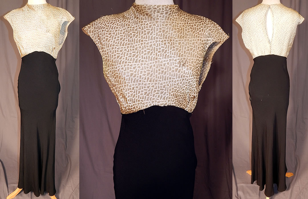 Vintage Black Silk Crepe Gold Lam&eacute; Lame Animal Print Spotted Bias Cut Dress
This vintage Art Deco black silk crepe gold lam&eacute; animal print spotted bias cut dress dates from the 1930s. It is made of a gold metallic lam&eacute; thread woven fabric top in an animal print spotted pattern design, with a black silk crepe skirt