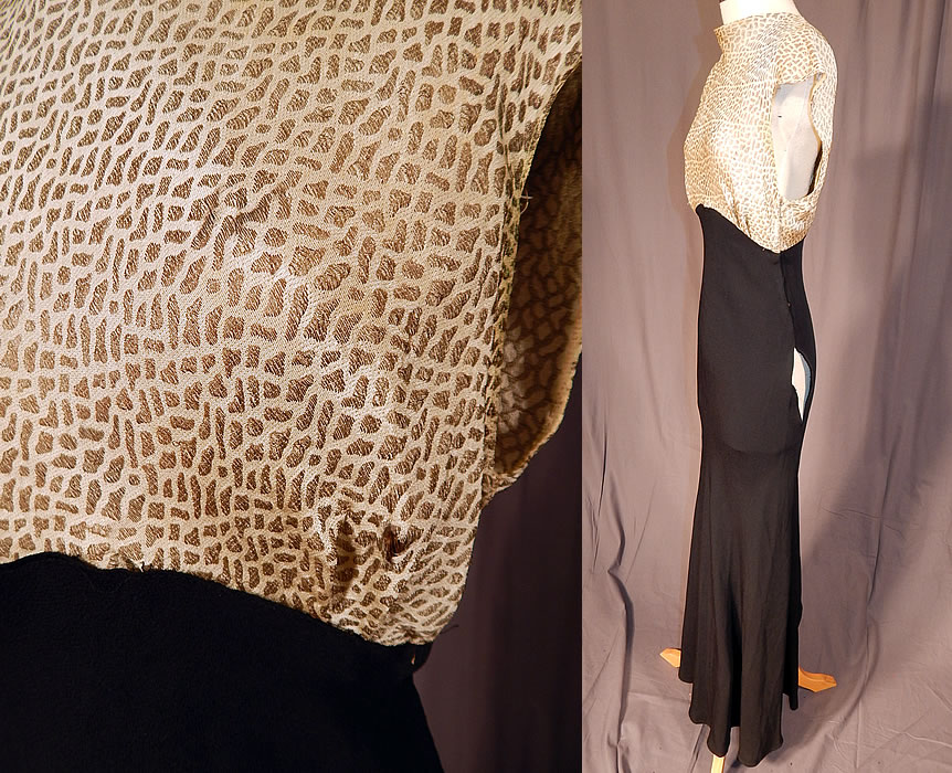 Vintage Black Silk Crepe Gold Lam&eacute; Lame Animal Print Spotted Bias Cut Dress
t is in as-is fair condition, with 2 tiny pin holes on the back skirt, 3 tiny frayed pulls on the silk lam&eacute; fabric front top and an open side seam on the skirt (see close-ups). This is truly a wonderful piece of wearable Art Deco textile art in need of some minor restoration!