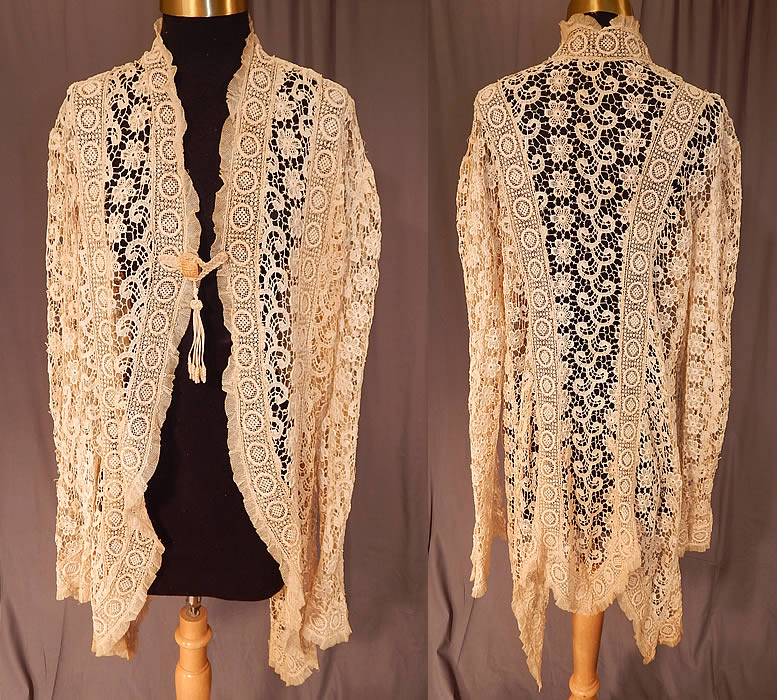 Vintage Edwardian Antique Cream Lace Cutaway Front Tailored Tail Coat Jacket
This exquisite vintage Edwardian era antique cream lace cutaway front tailored tail coat jacket dates from 1910. It is made of an off white cream color lace with connecting thread picot ornamented bars and decorative spiral, floral, leaf, scroll work designs. 