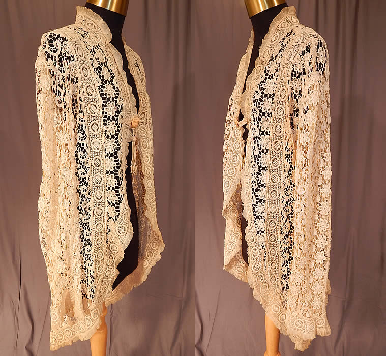 Vintage Edwardian Antique Cream Lace Cutaway Front Tailored Tail Coat Jacket
The coat measures 32 inches long, with a 32 inch waist, 38 inch bust and 24 inch long sleeves. 