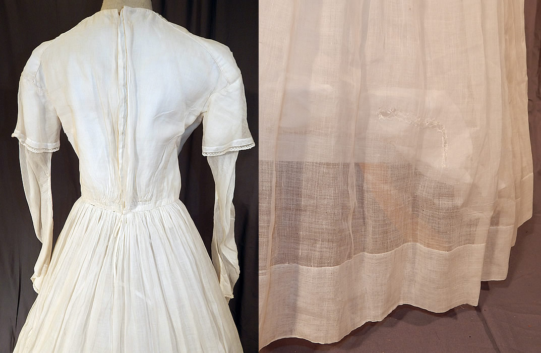 Victorian Era White Muslin Hoop Skirt Wedding Gown Dress
It is in good as-is condition, with a patched mended repair under one arm, a few small frayed holes and repairs on the skirt (see close-ups). This would be perfect for display or design and is truly a rare and wonderful piece of early bridal Victoriana textile art!