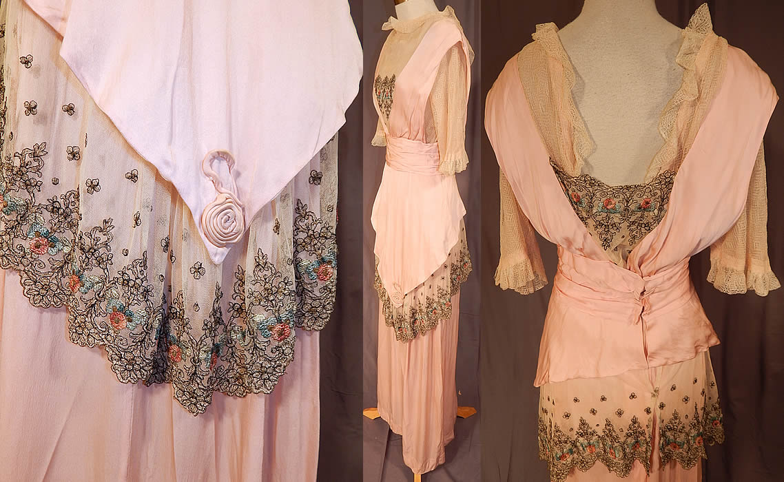 Edwardian Titanic Era Pastel Pink Silk Silver Embroidered Lace Dress
The dress measures 56 inches long, with 38 inch hips, a 24 inch waist and 32 inch bust. It is in good condition, with only some slight fraying, small holes on the sheer silk chiffon fabric backing lining the top. This is truly a wonderful piece of antique Titanic era wearable art!