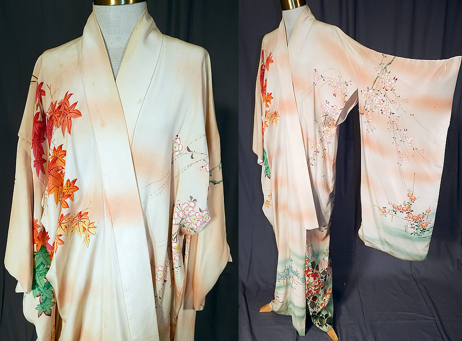 Vintage S. Nishimura Kyoto Japan Pink Silk Screen Cherry Blossom Japanese Kimono
It is made of a pale pink pastel silk ombre fabric, with colorful silk screen flowers, cherry blossoms and Japanese maple leaf design motif.