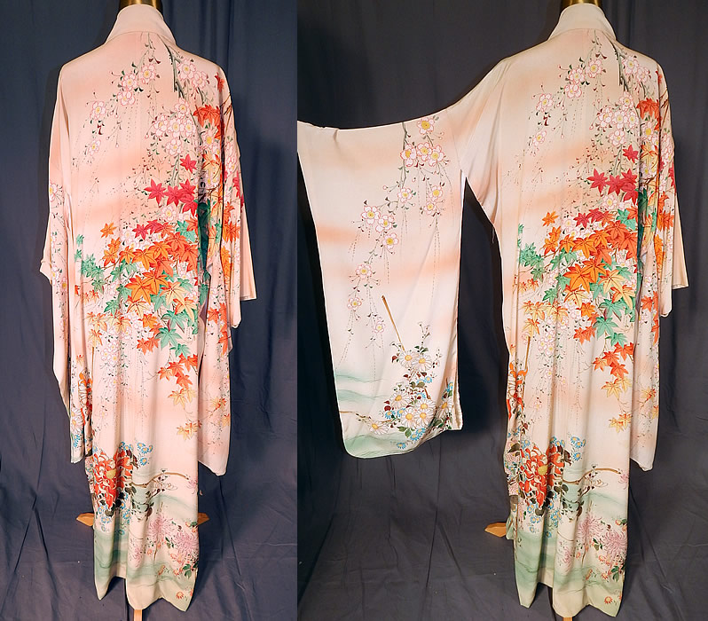 Vintage S. Nishimura Kyoto Japan Pink Silk Screen Cherry Blossom Japanese  Kimono
This fabulous formal furisode Japanese style kimono would have been worn by an unmarried woman.