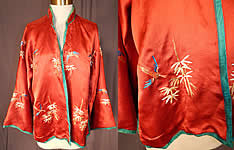 Vintage Chinese Cinnabar Red Silk Embroidered Bamboo Bird Robe Jacket
