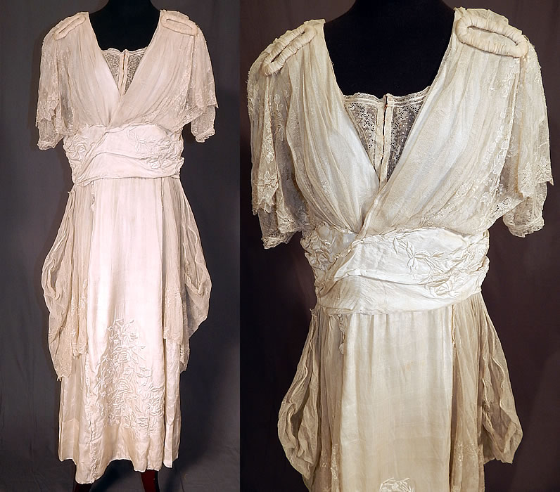 Vintage Robe de Style White Silk Embroidered Piano Shawl Lace Wedding Dress
This vintage robe de style white silk embroidered piano shawl lace wedding dress dates from 1920. It is made of an ivory white color silk fabric, with raised padded satin stitch hand embroidery work done in a floral rose vine leaf pattern design and a sheer fine cobweb lace fabric.