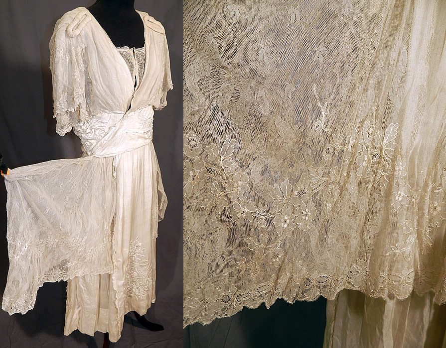 Vintage Robe de Style White Silk Embroidered Piano Shawl Lace Wedding Dress
It was created from an antique finely embroidered Canton Chinese piano shawl fabric. This beautiful bridal wedding dress has a robe de style, with wired trim top lace side skirt pannier panels which come to a point, a layered lace covered top with short sleeves, epaulettes shoulder trim, a lace modesty panel insert neckline, wide embroidered cummerbund waist, skirt and hooks, snap closures on the front. 