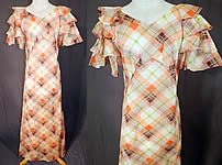 Vintage Orange & White Plaid Organdy Ruffle Bell Sleeve Bias Cut Dress Gown
