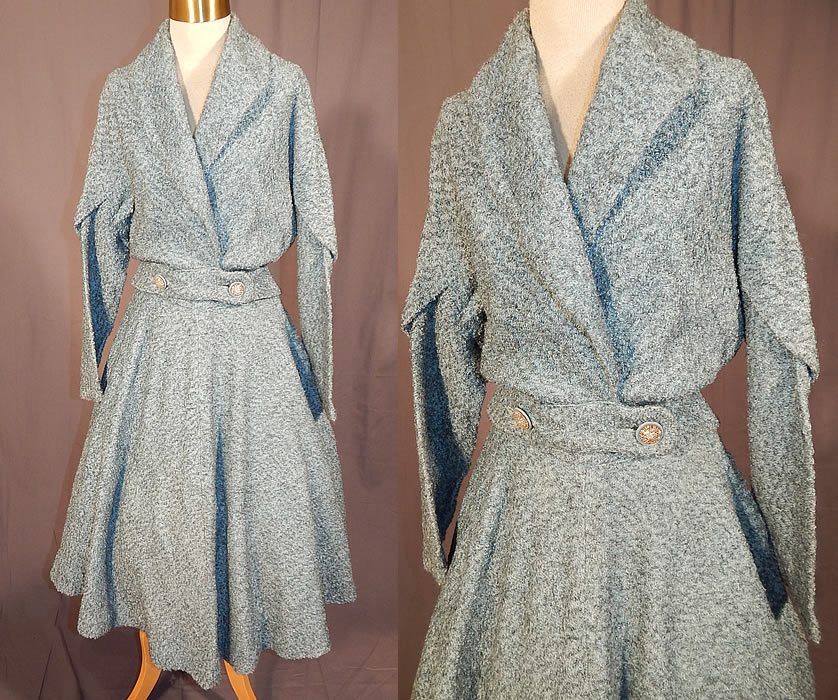 Vintage Blue Boucle Carlton Ingenue Poodle Cloth Circle Skirt & Suit Jacket
This vintage blue boucle Carlton Ingenue Poodle Cloth circle skirt and suit jacket dates from the 1950s. It is made of a sky blue and black boucle looped, curled yarn Poodle Cloth fabric.