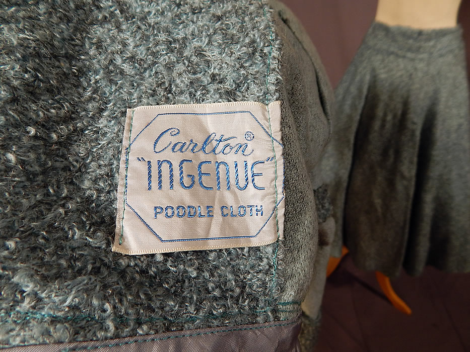 Vintage Blue Boucle Carlton Ingenue Poodle Cloth Circle Skirt & Suit Jacket
There is a "Carlton Ingenue Poodle Cloth" label and size 9-10 tag sewn inside the jacket. It is in good condition, with only a small faint stain on the side skirt. This is truly a wonderful unique piece of wearable art! 