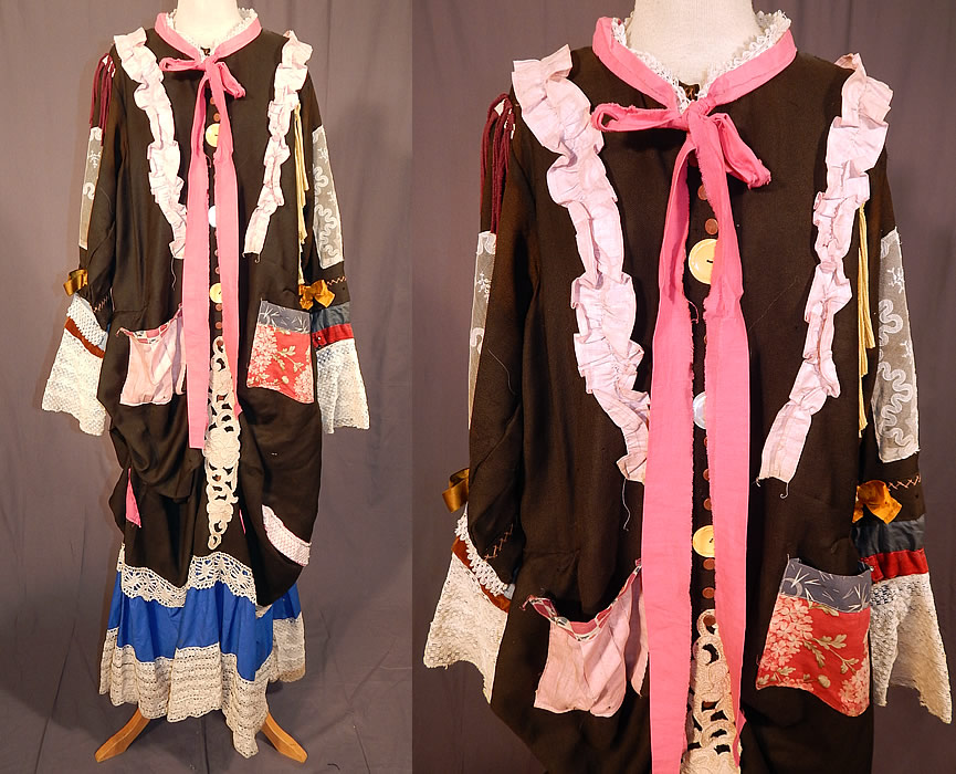 Victorian Black Wool Patched Patchwork Bustle Dress Wrapper Hobo Costume
This antique Victorian era black wool patched patchwork bustle dress wrapper hobo costume dates from 1880. It is made of a black wool fabric, with colorful patches remnants of fabric, ribbons, yarns and laces creating a patchwork design.