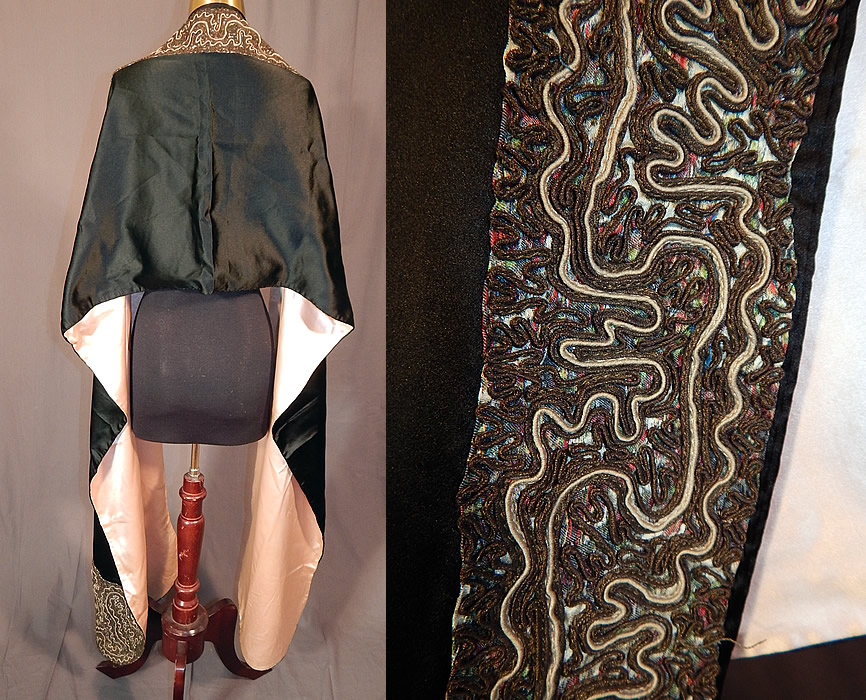 Vintage Art Deco Black Silk Gold Metallic Soutache Embroidery Stole Shawl
This magnificent long rectangle shape scarf stole shawl style cape has the embroidered trim border edging along the neck, front opening and bottom hem ends, with a pink pastel silk satin lining backing inside.
